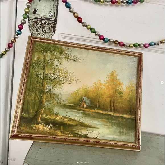 Vintage Oil Painting Autumn Lake House Stretched Canvas Paper Board Framed